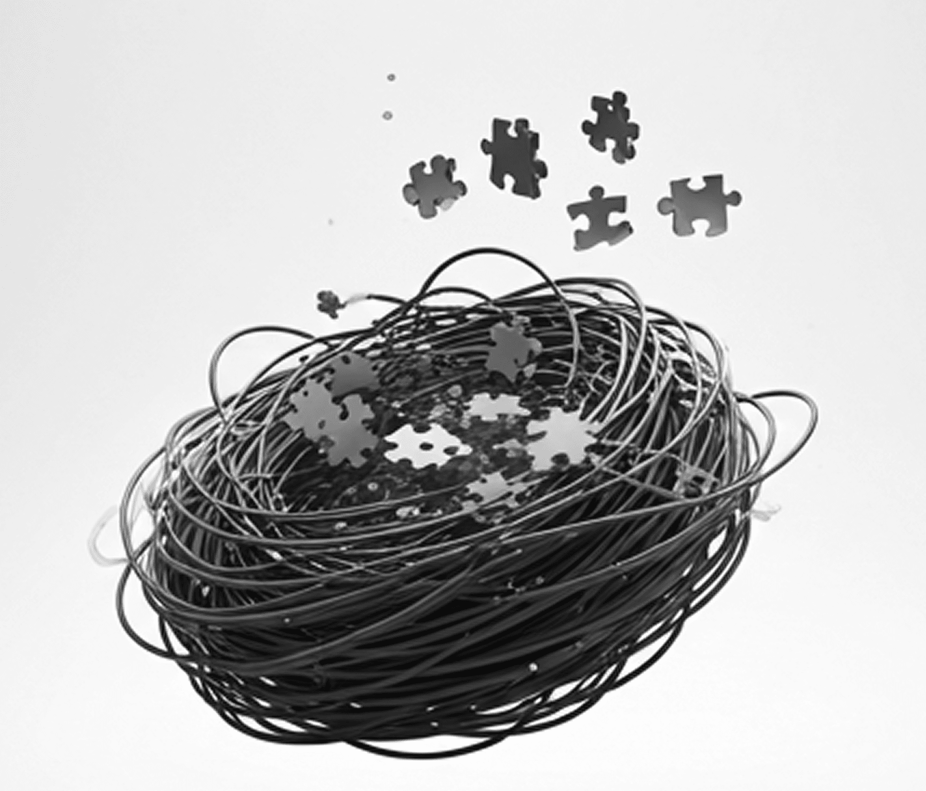 Abstract illustration of tangled wires and puzzle pieces representing operational complexity