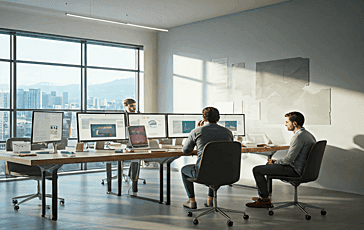 Hospixo team collaborating in a modern office with city views
