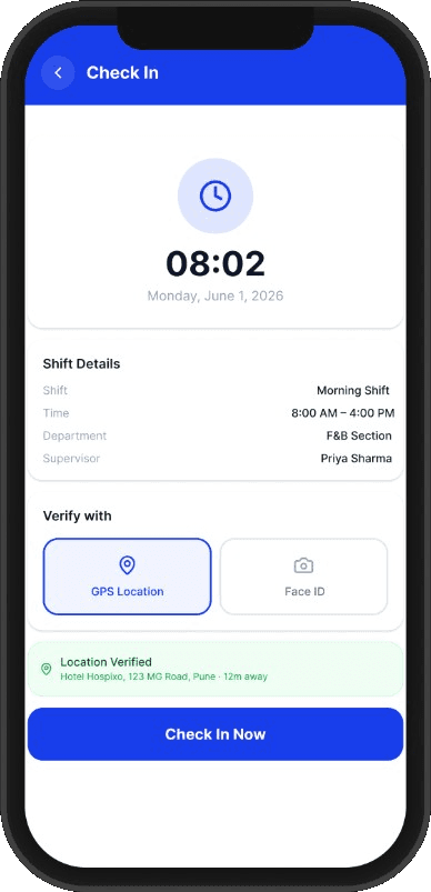 Check In — employee shift check-in screen
